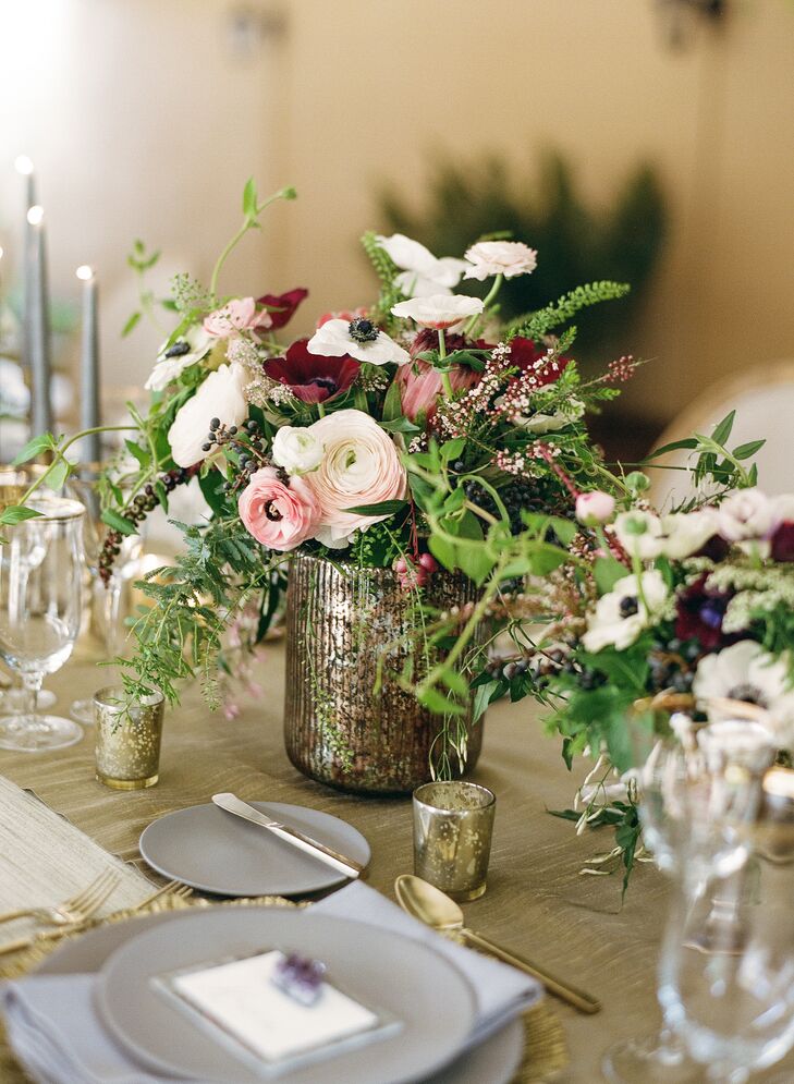 Low Centerpieces in Mercury Glass Vessels