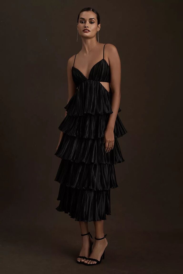 vintage mauve bridesmaid dresses Nicole Sweep Train Chiffon Bridesmaid Tiered Homecoming Dress Black Drape Scarf Detail Size:9.5 Medium