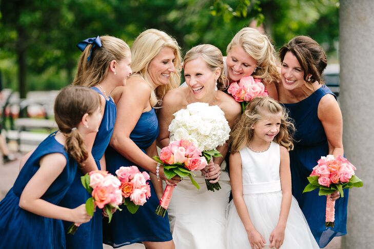Each of Meredith's bridesmaids chose their own dress from J.Crew's wedding collection. To keep things feeling cohesive, Meredith had the girls stick to the same shade of navy blue.