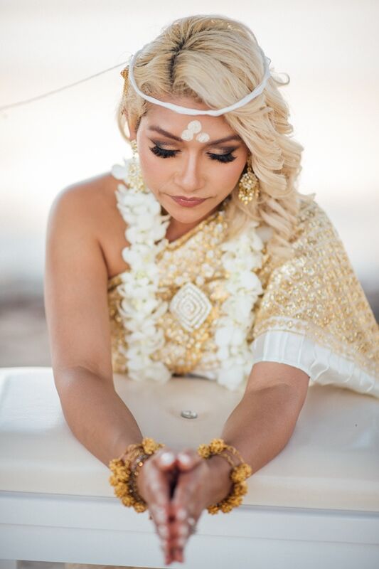 Bride during traditional Thai white thread ceremony