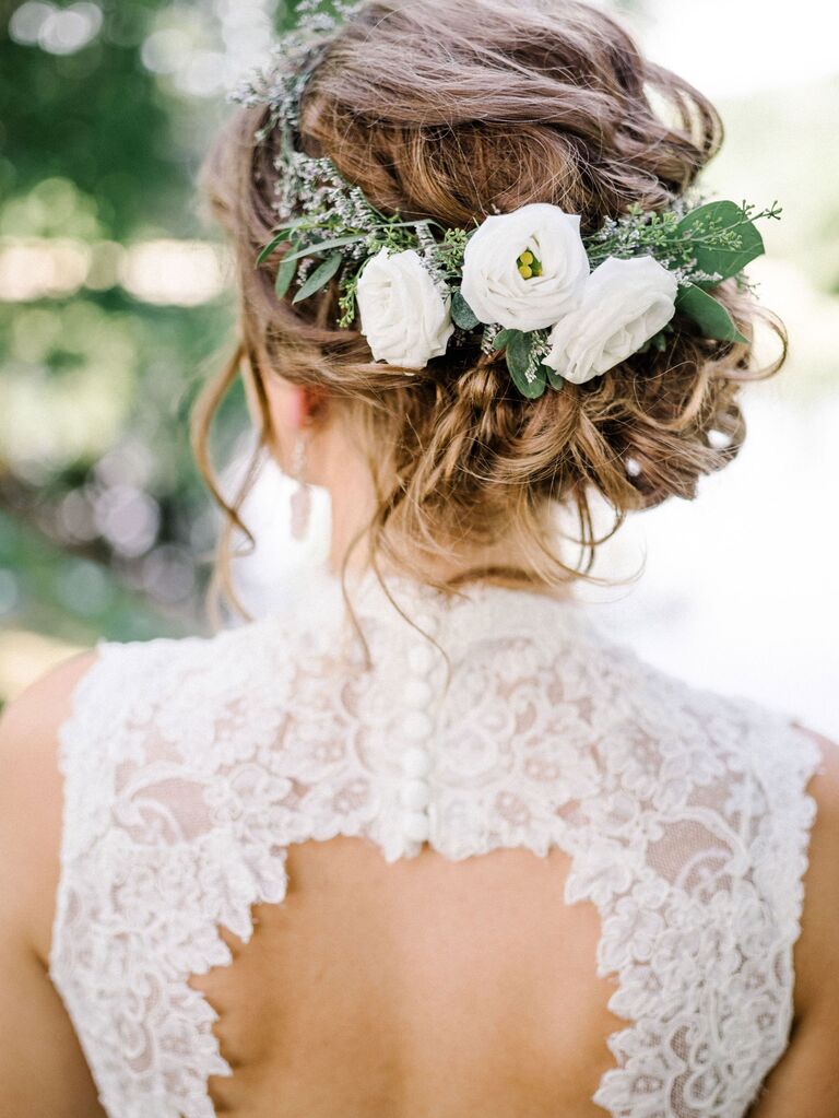 Piecey Updo With Lisianthus, Lavender and Eucalyptus - bridal crowns