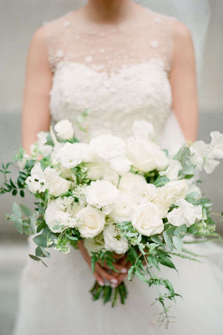 Classic White Bouquet with Roses, Ranunculus and Sweet Peas