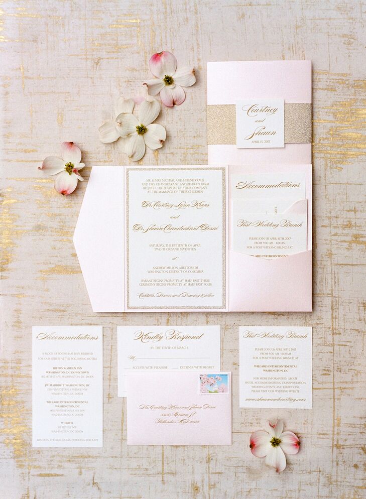 Classic Invitation Suite in Pink with Gold Glitter Accents