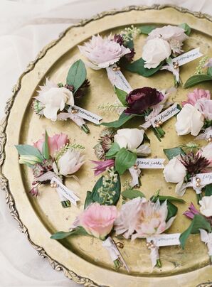 Assorted Flower Boutonnieres on Gold Plate