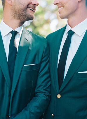 Grooms in Chic, Matching Emerald Green Suits With Gold Buttons