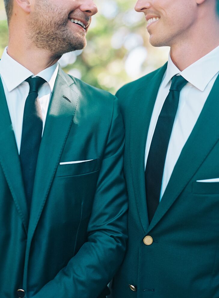 Grooms in Chic, Matching Emerald Green Suits With Gold Buttons