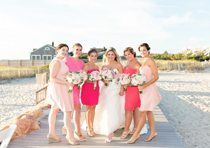 The bridesmaids selected their own dresses for the wedding based on their individual styles. Ashlie's only request was that they be pink and short in length.