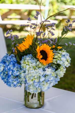 Blue Hydrangea and Sunflower Centerpieces