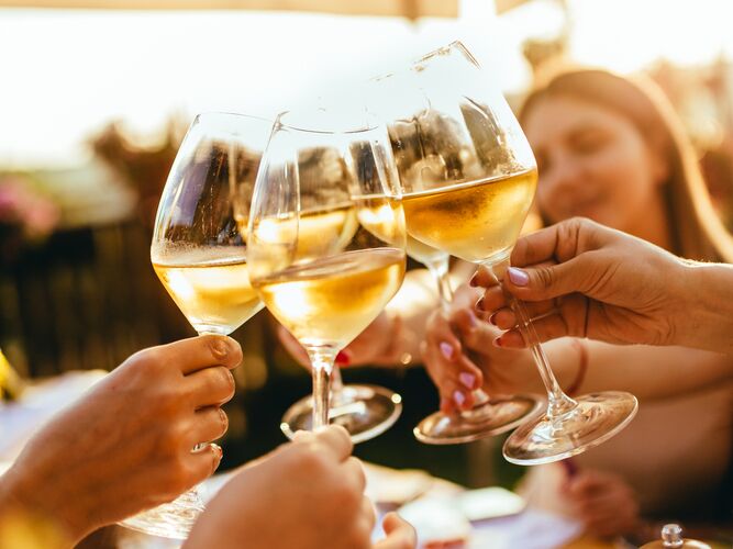 Group of friends cheersing wine glasses on bachelorette party wine tour 