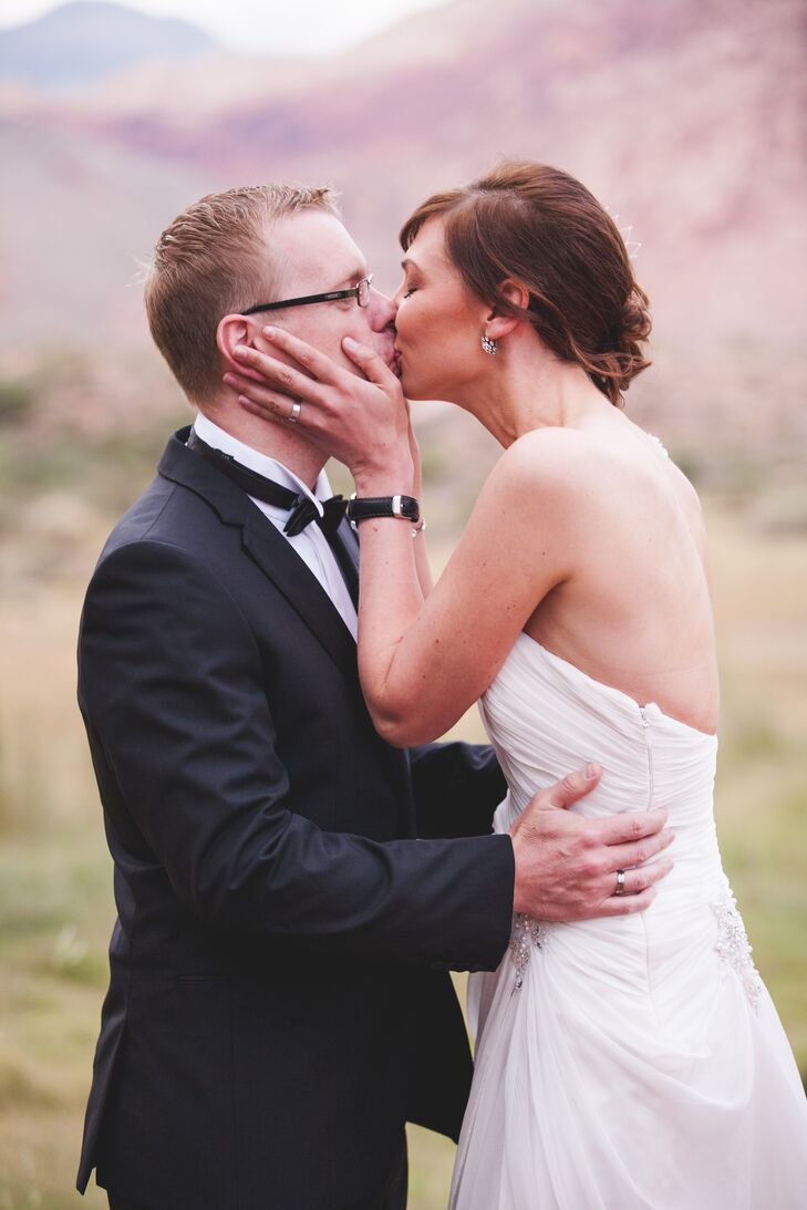 Thorsten wore a classic black tuxedo for the intimate wedding ceremony to match his bride's elegant style.