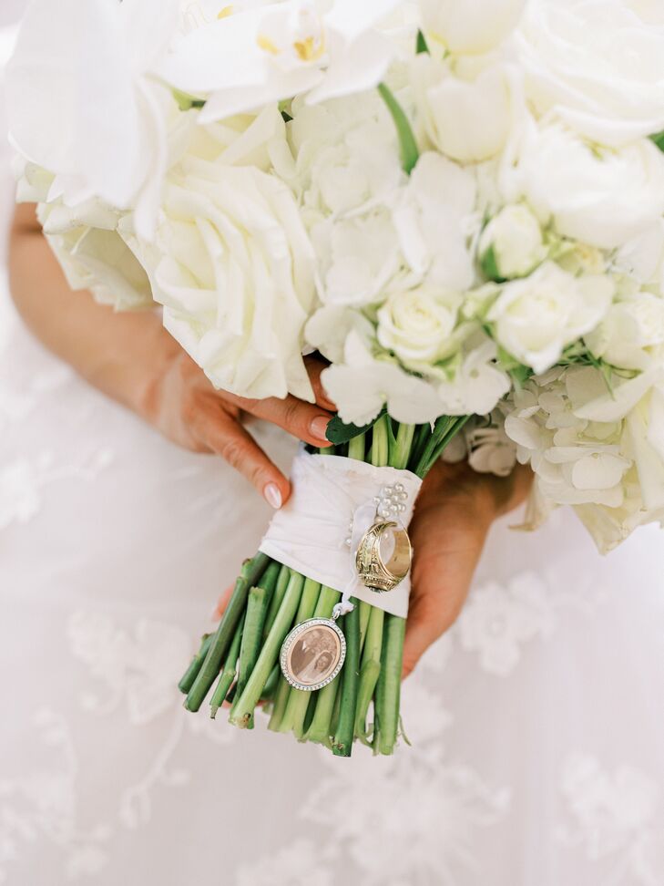 Bridal Bouquet With Arkansas Razorbacks Championship Ring and Grandparent Portrait