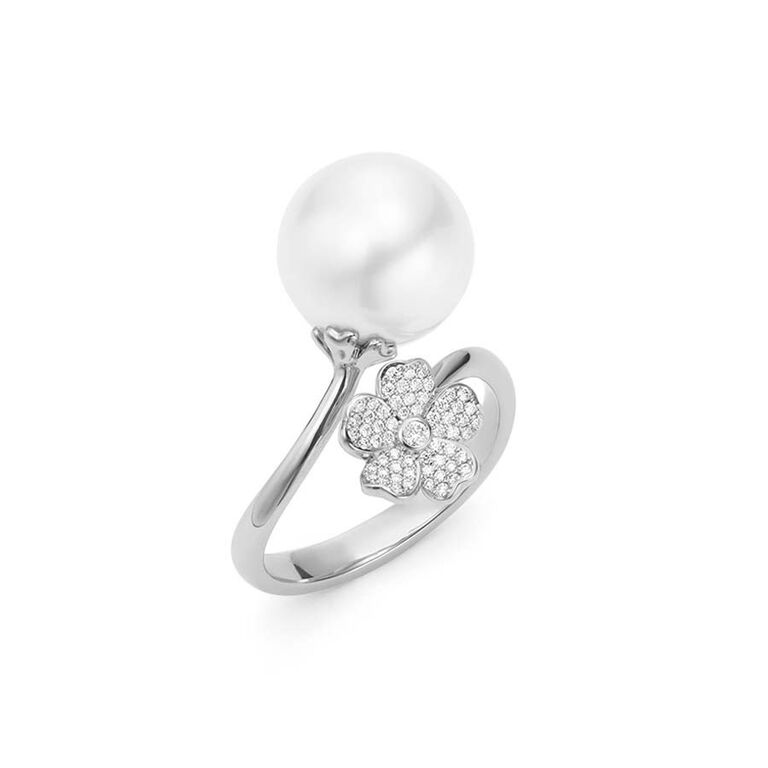 Pearl and diamond cherry blossom flower engagement ring from Mikimoto
