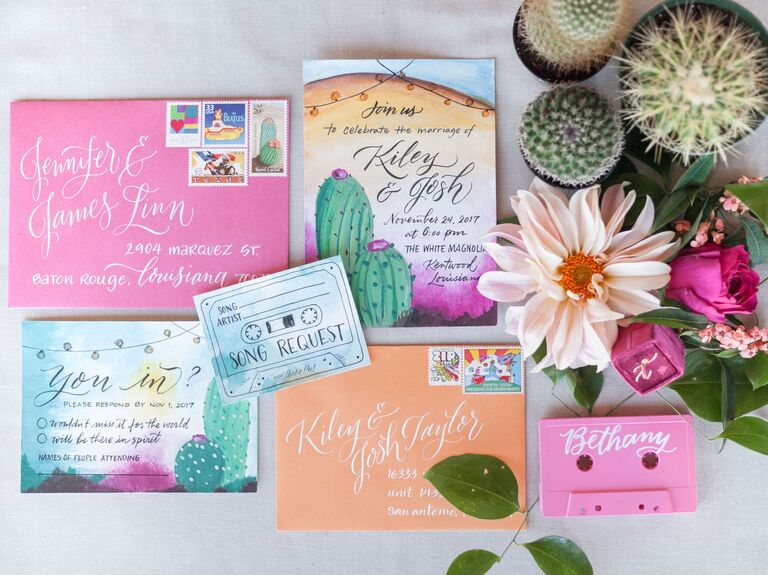 Colorful music and cactus theme wedding invitation.