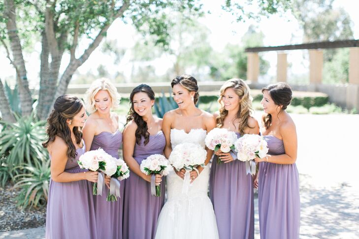Bree's five bridesmaids wore flowing, full-length strapless lavender gowns that matched the delicate palette of cream and blush pink.