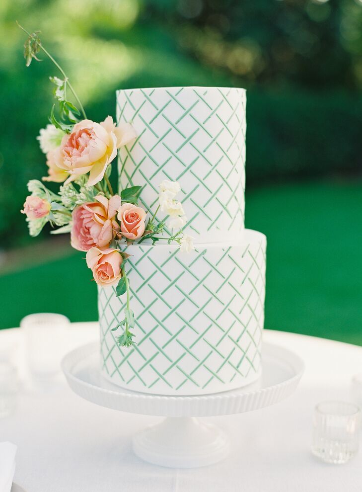 Two-Tier Wedding Cake With Teal Lattice Design