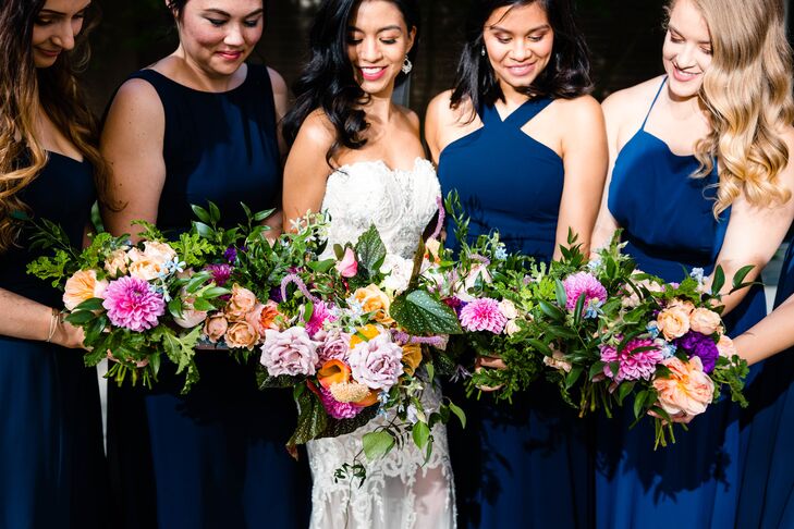 Colorful Bouquets and Navy Bridesmaid Dresses