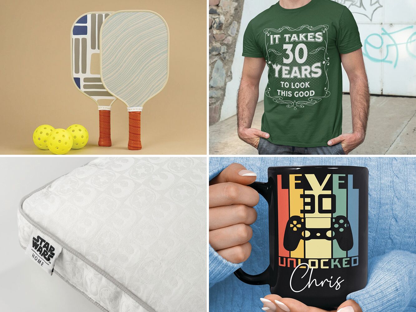 Four 30th birthday gifts for husbands: pickleball set, birthday T-shirt, birthday mug, Star Wars pillow