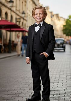Little Tuxedos "Prodigy" Kids Black Tuxedo (5-Piece Set) Flower Girl Dress and Ring Bearer Outfit