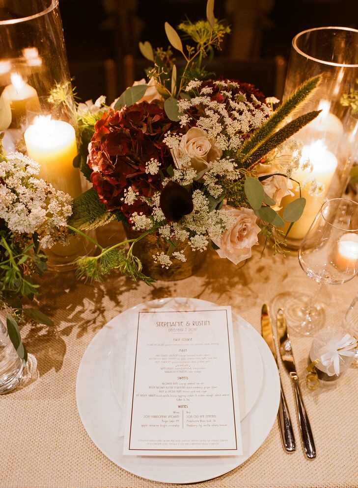 Low Rose and Baby's Breath Centerpiece with Minimal Modern Menu