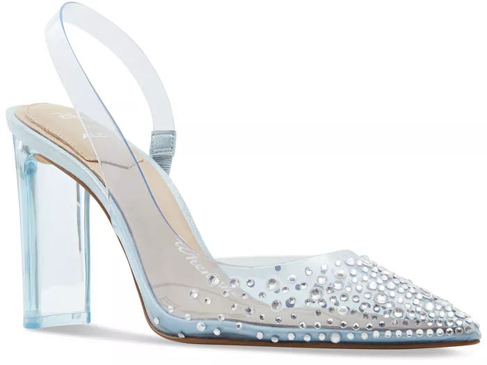 Light blue pointed pumps with sparkling accents and a translucent heel