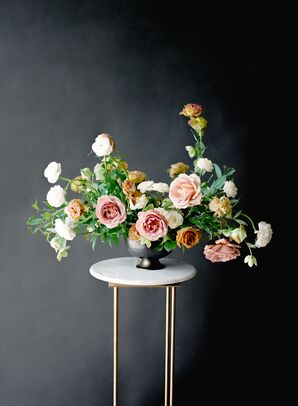 Ikebana-style Arrangement of Roses, Peonies, Ranunculus and Greenery