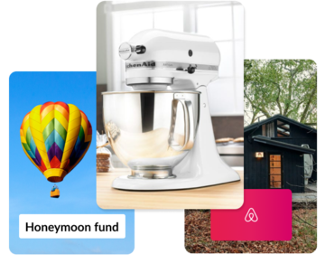 A colorful hot air balloon ride honeymoon fund, a white stand mixer and an Airbnb gift card.