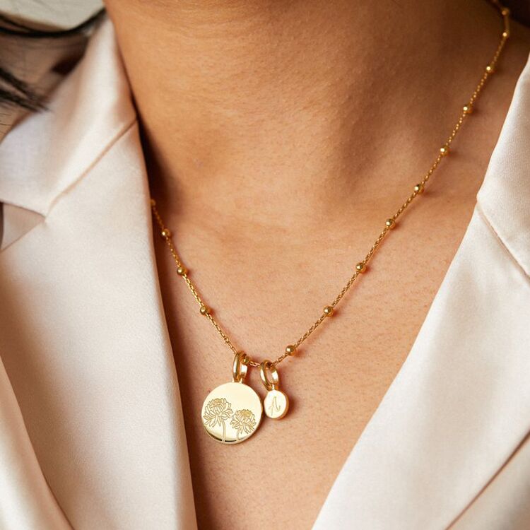 Gold charm necklace with chrysanthemum pendant and initial 19th anniversary gift for her