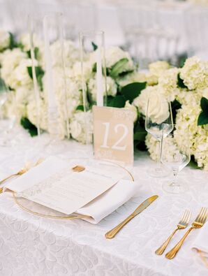 White Embroidered Table Linen, White Floral Runner and an Ornate Table Number