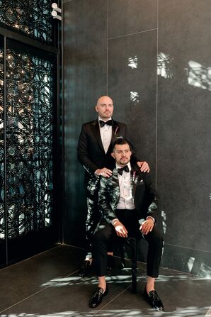 Grooms in Tuxes Posing for Wedding Portrait