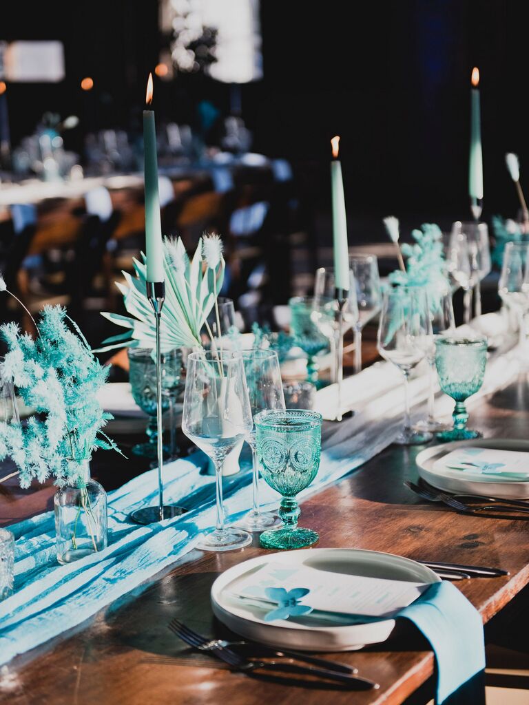 Monochromatic maximalist wedding reception decor