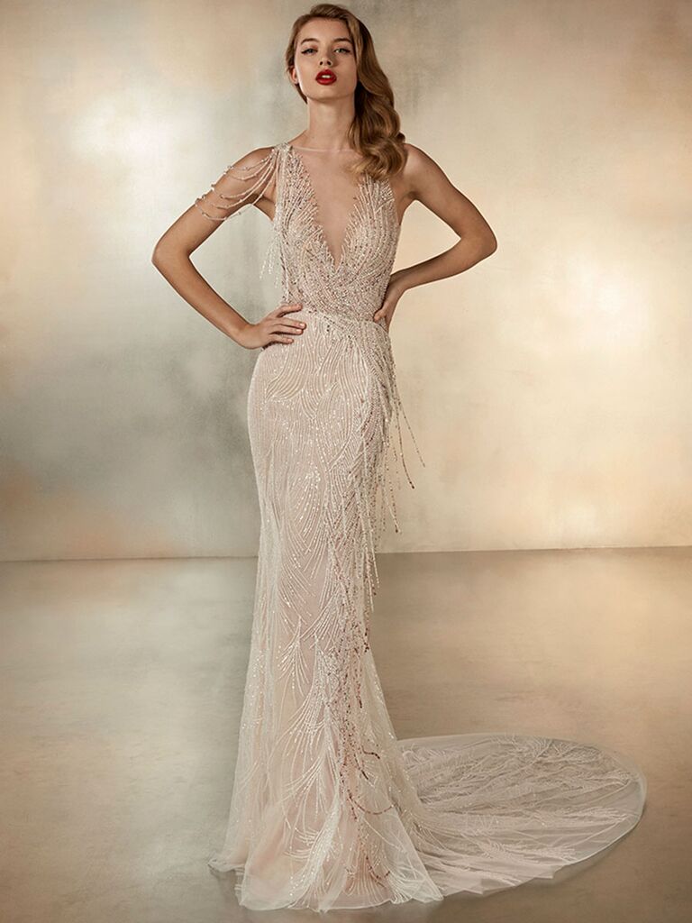 Atelier Provonias wedding dress champagne beaded plunge dress