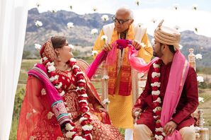 Bride in Red Lehenga And Groom in Kurta Have Dupatta Tied Together, Indian Ceremony