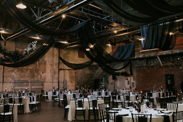 Industrial Loft Reception with Black Draping and White Linens