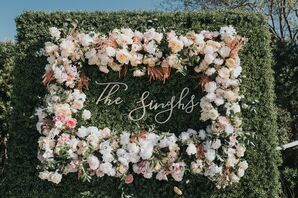 Floral Wall With Pink-and-White Flowers, Custom Gold Sign