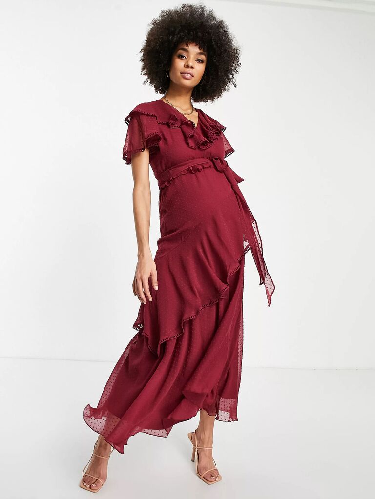 ASOS Design burgundy maternity cocktail dress with ruffled V-neckline and jacquard spot pattern fabric