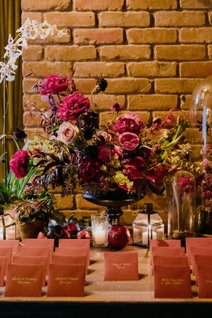 Modern Escort Cards and Burgundy Flower Arrangements