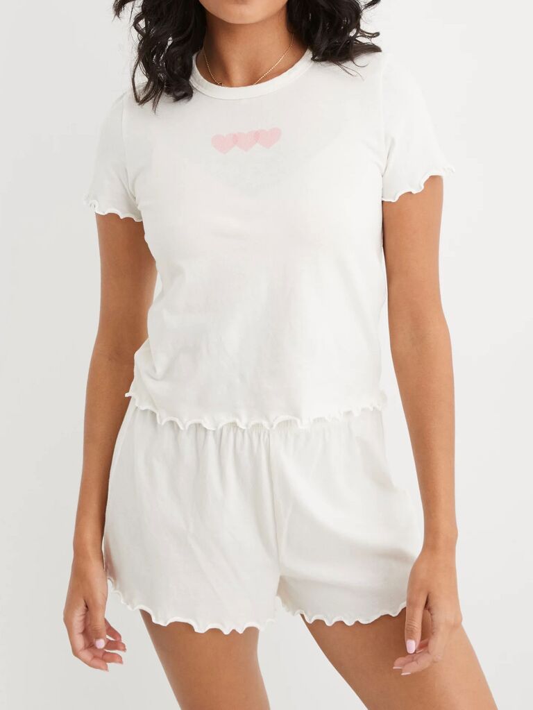 White shirt and short pajama set junior bridesmaid gift