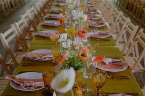 Low Wildflower Centerpiece on Colorful Table With Neon Yellow and Pink