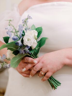 A Bride's Simple, Self-Created Bouquet With Blue-and-White Flowers