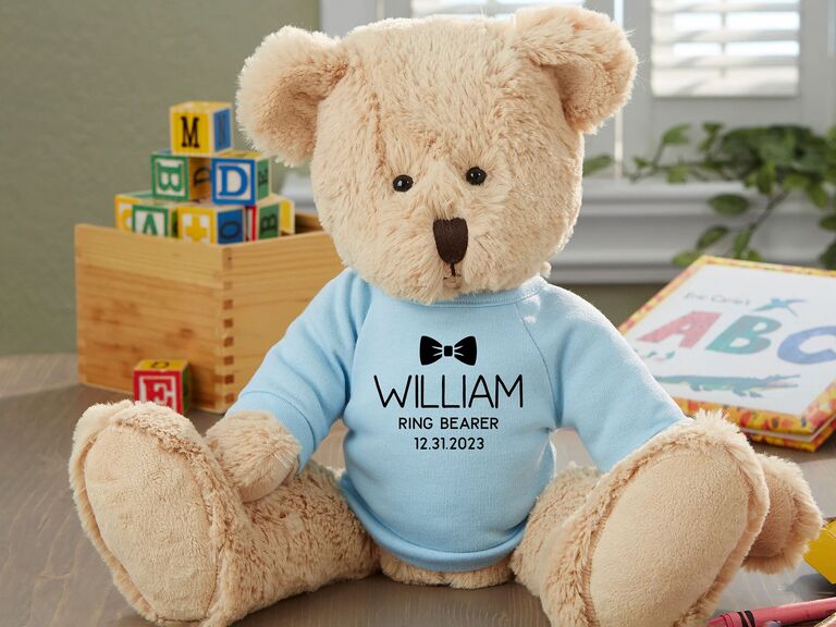 Plush teddy bear with personalized shirt ring bearer gift