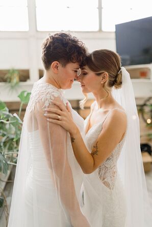 Bride in Transparent Cape With Lace and Bride With Long Veil, Fitted Lace Dress