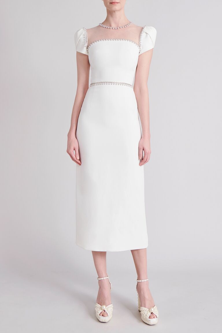 Column midi dress with pearl details and cap sleeves