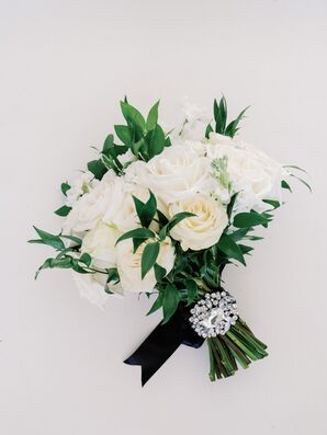 Simple Bouquet With White Roses and Greenery and Jeweled Brooch