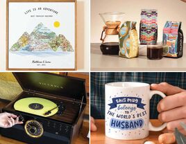 Four anniversary gifts for husbands: a framed painting, a coffee subscription, a mug, and a record player