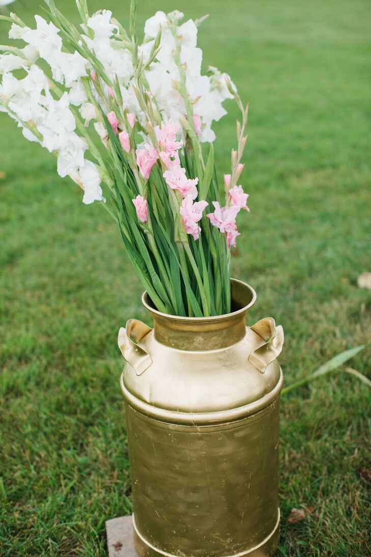 Long Pink and White Flower Arrangements in Gold Urn Vases