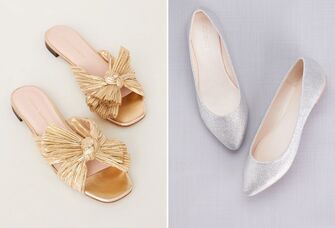 collage of gold and silver wedding flats for the bride