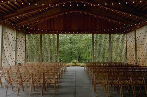 Wood Gazebo Ceremony Space, Geometric Patterns and String Lights