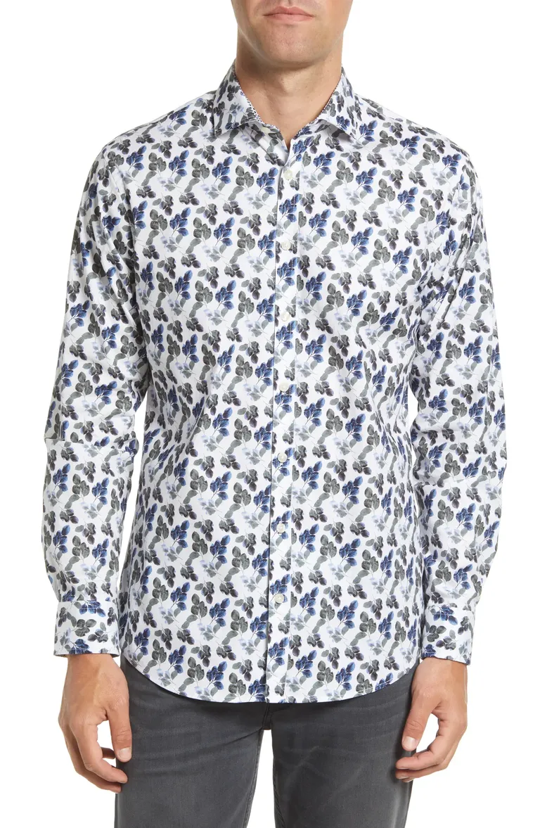 stretch button up shirt with leaf pattern