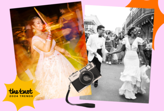 Collage of two wedding photographs and a camera