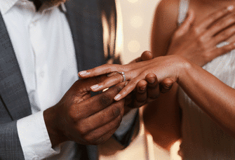 A man putting a engagement ring on a woman's finger. 